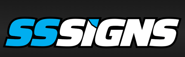Image is of SS Sign's white, black and blue logo, a business that relies on Cope Crane Trucks for their crane truck hire service needs.