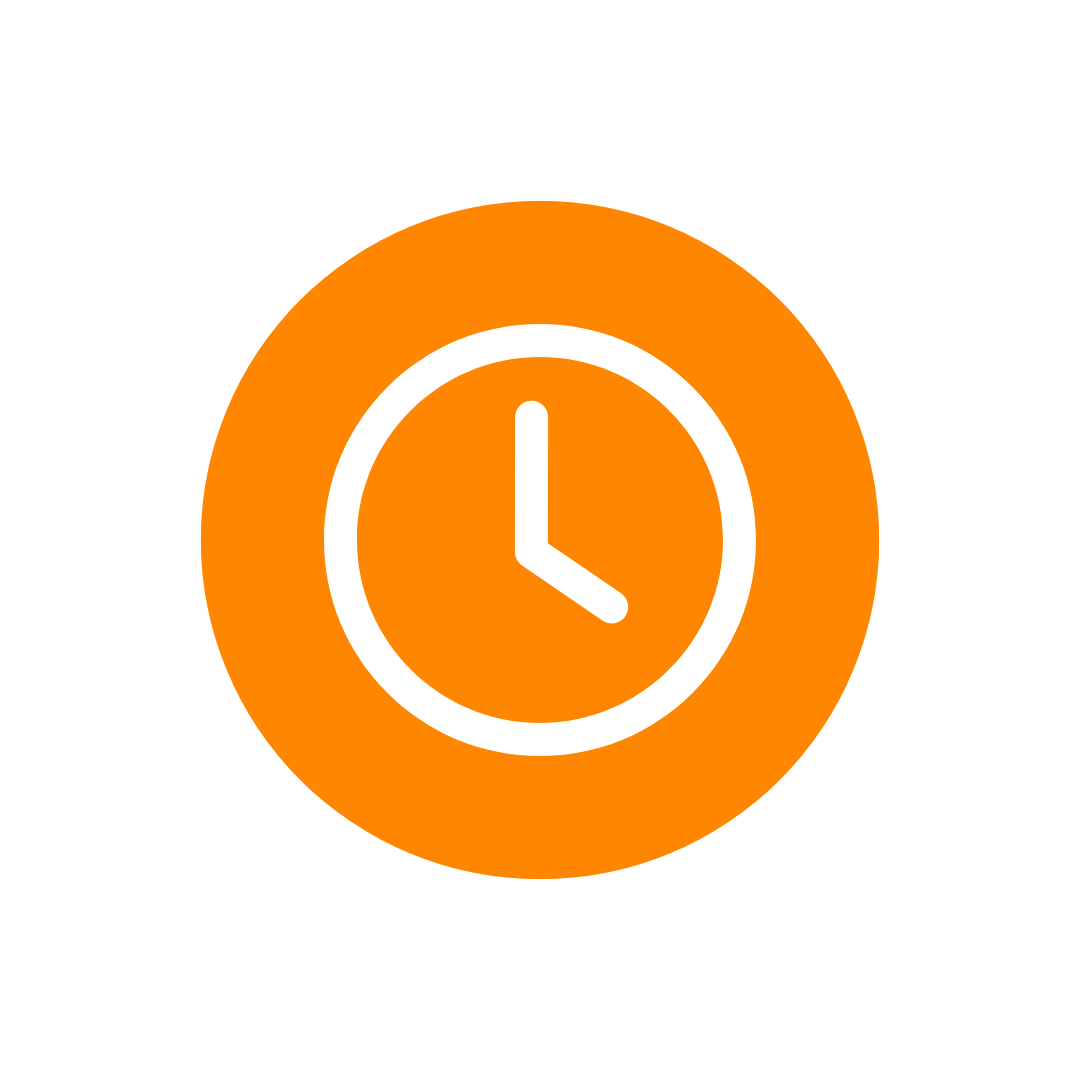 Orange circular icon of a clock symbolising 24/7 availability of Cope Crane Trucks, a specialised crane truck hire service in Melbourne.