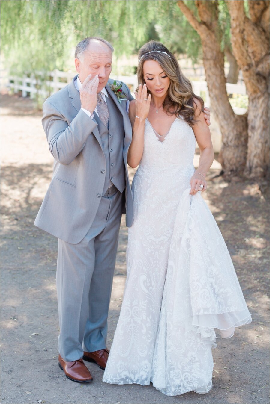 Bride and her father wipe their tears away after first look