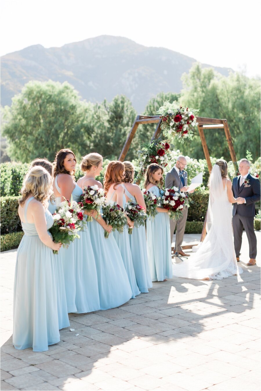 bridal party in light blue dresses