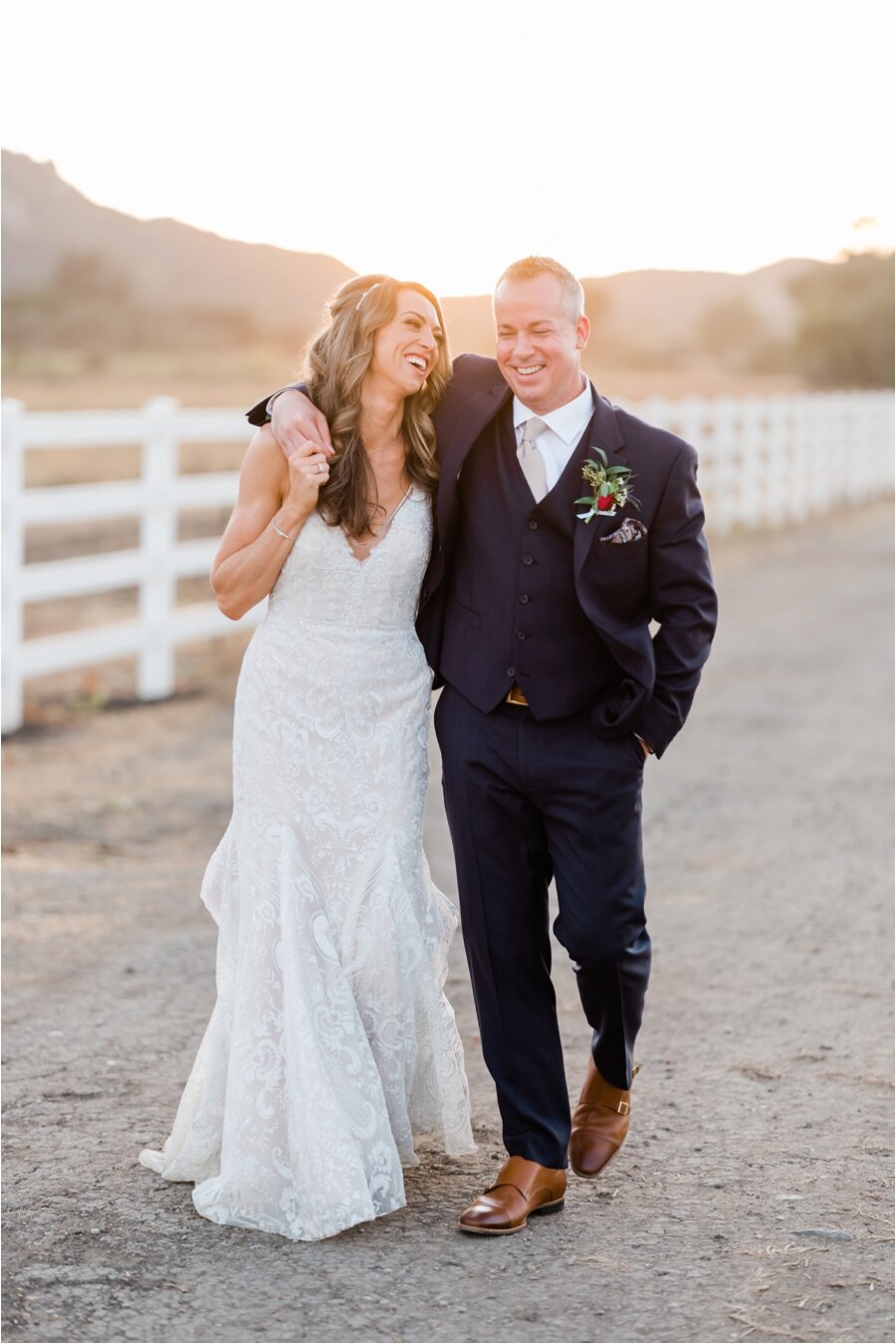 Bride and groom sunset portrait