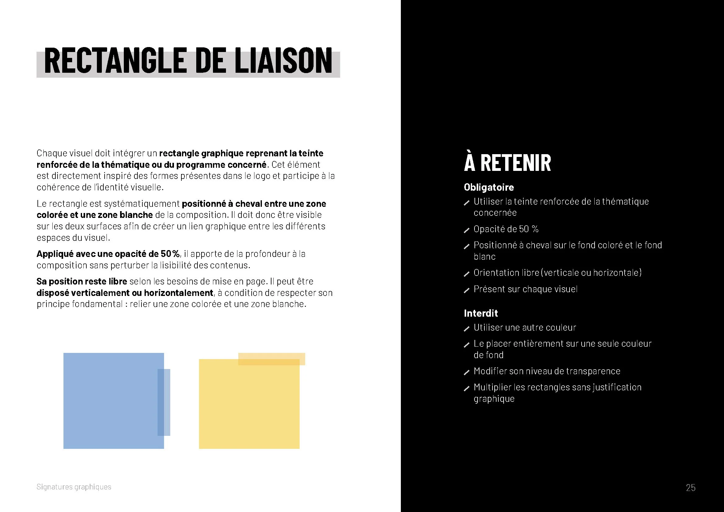 Rectangle de liaison à cheval entre zone colorée et zone blanche, signature graphique de la marque