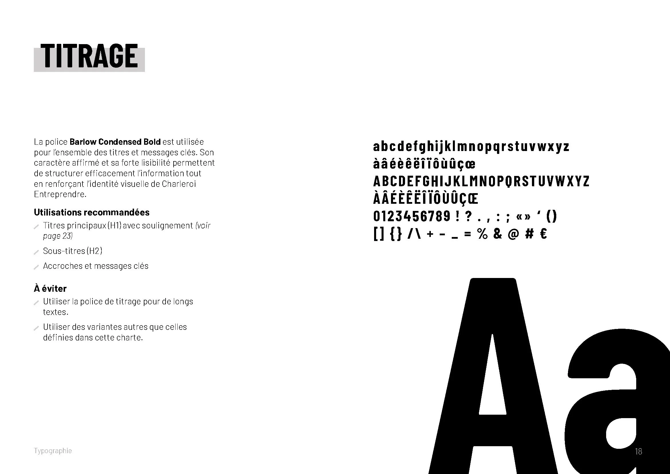 Typographie de titrage Barlow Condensed Bold retenue pour la charte Charleroi Entreprendre