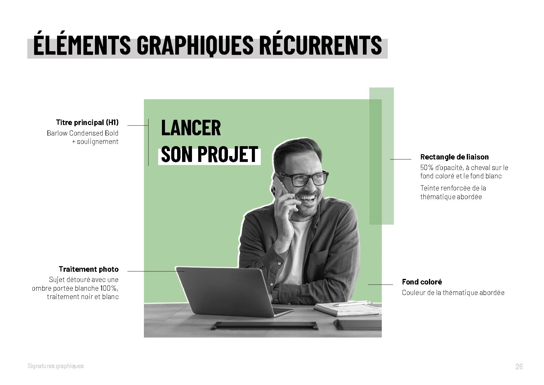 Éléments graphiques récurrents de la charte : soulignement coloré et rectangle de liaison