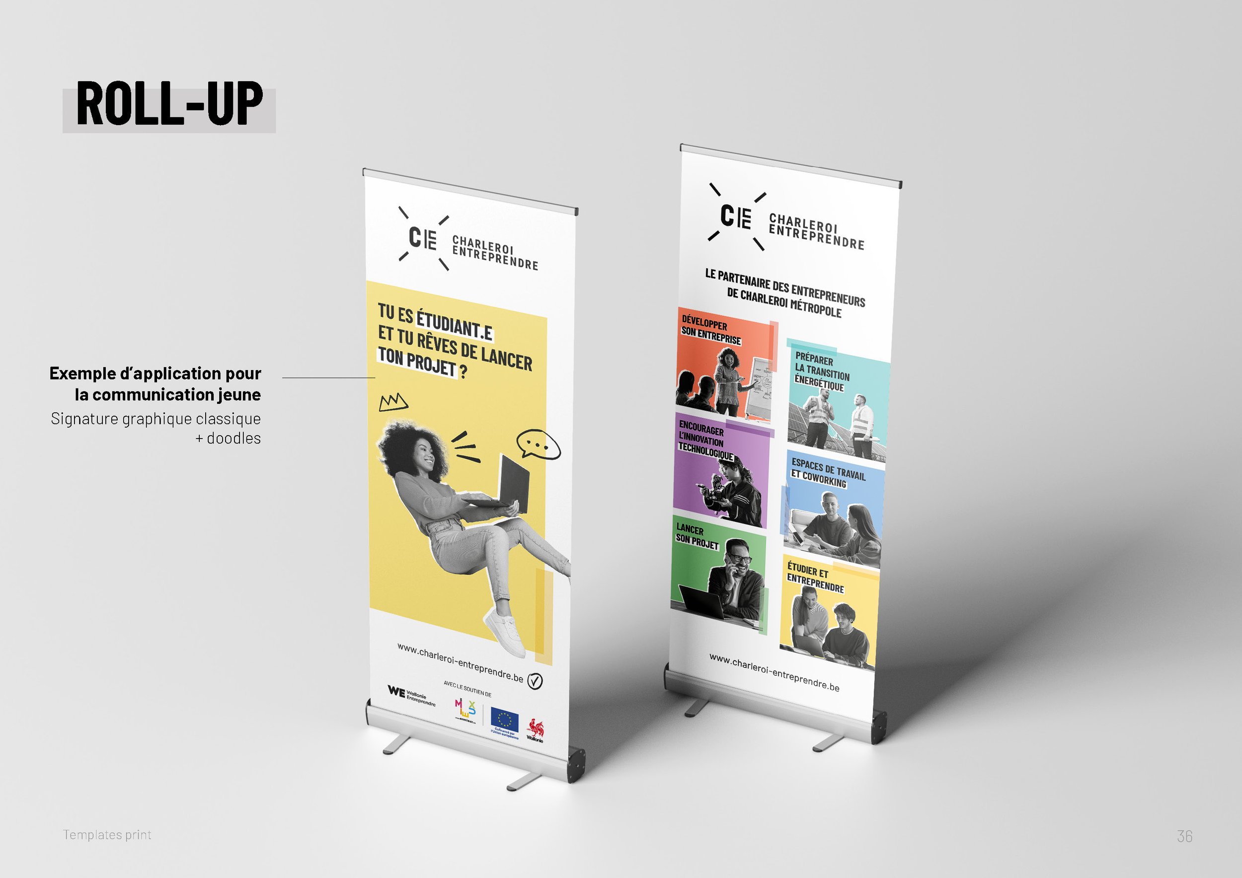 Roll-up Charleroi Entreprendre en version communication jeunes, avec doodles illustrés