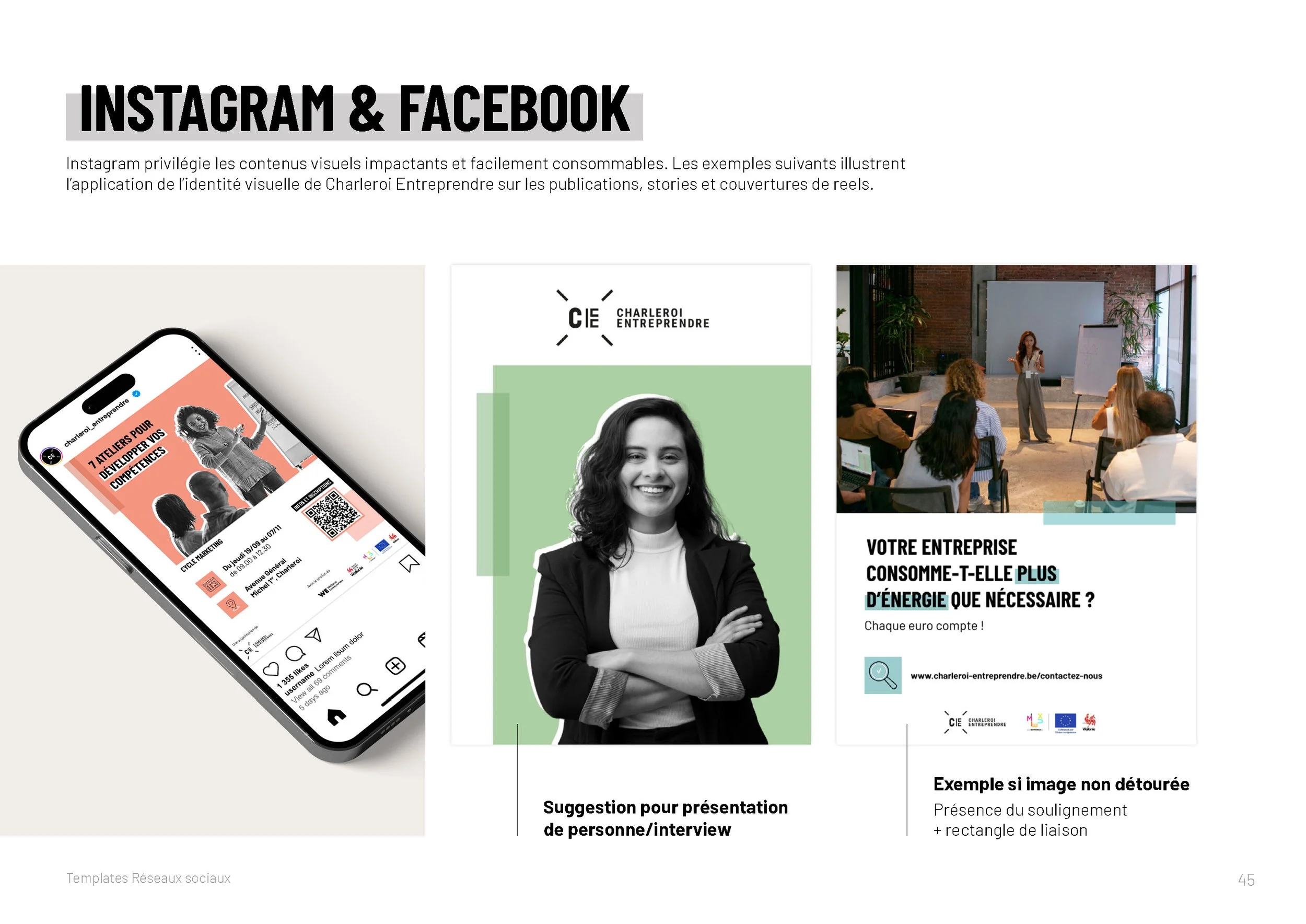 Templates Canva de publications et stories Instagram et Facebook pour Charleroi Entreprendre