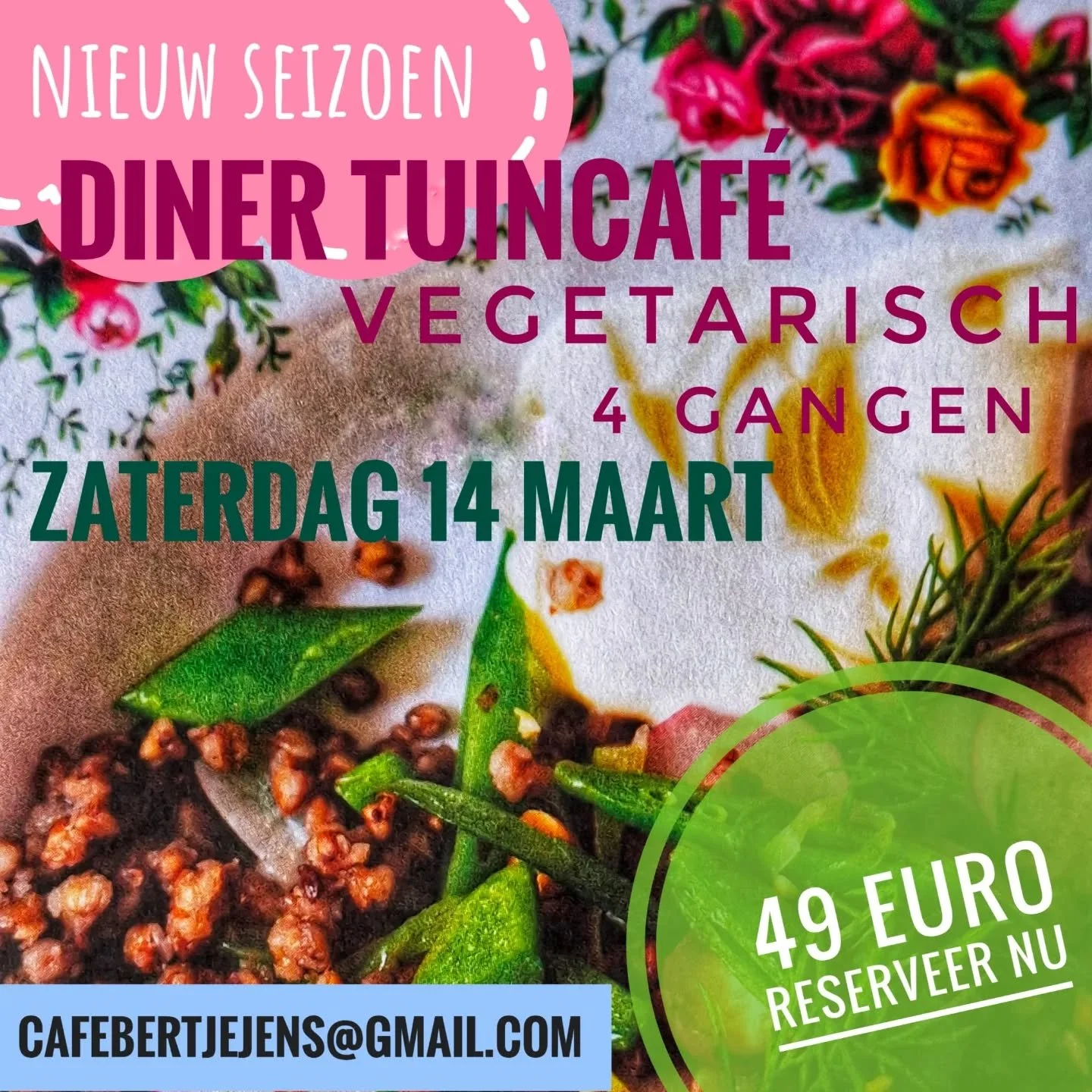 Nieuw diner: 14 maart. We hebben na een lange - best koude - winter, weer een diner in het vooruitzicht! Op zaterdag 14 maart houden we een heerlijk vegetarisch 4-gangen diner. We zijn tijdens de winterdagen in onze kookboeken gedoken, vooral het nie