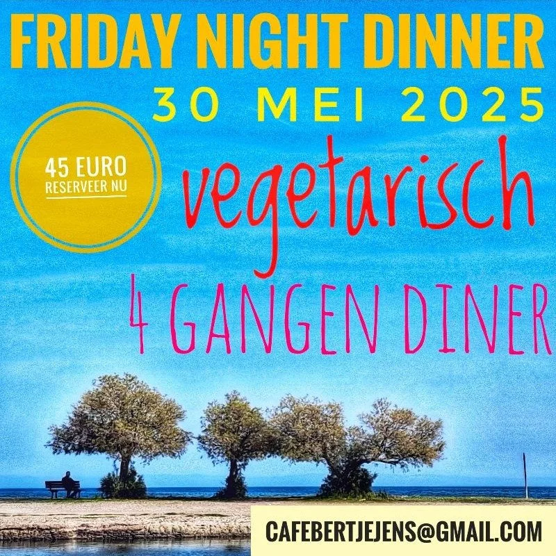Door het heerlijke warme weer van de afgelopen weken hebben we zin gekregen om een heerlijk zomers diner te serveren op vrijdag 30 mei. Reserveer nu via cafebertjejens@gmail.com en geniet van gerechten die herinneren aan vakanties aan de Ege&iuml;sch