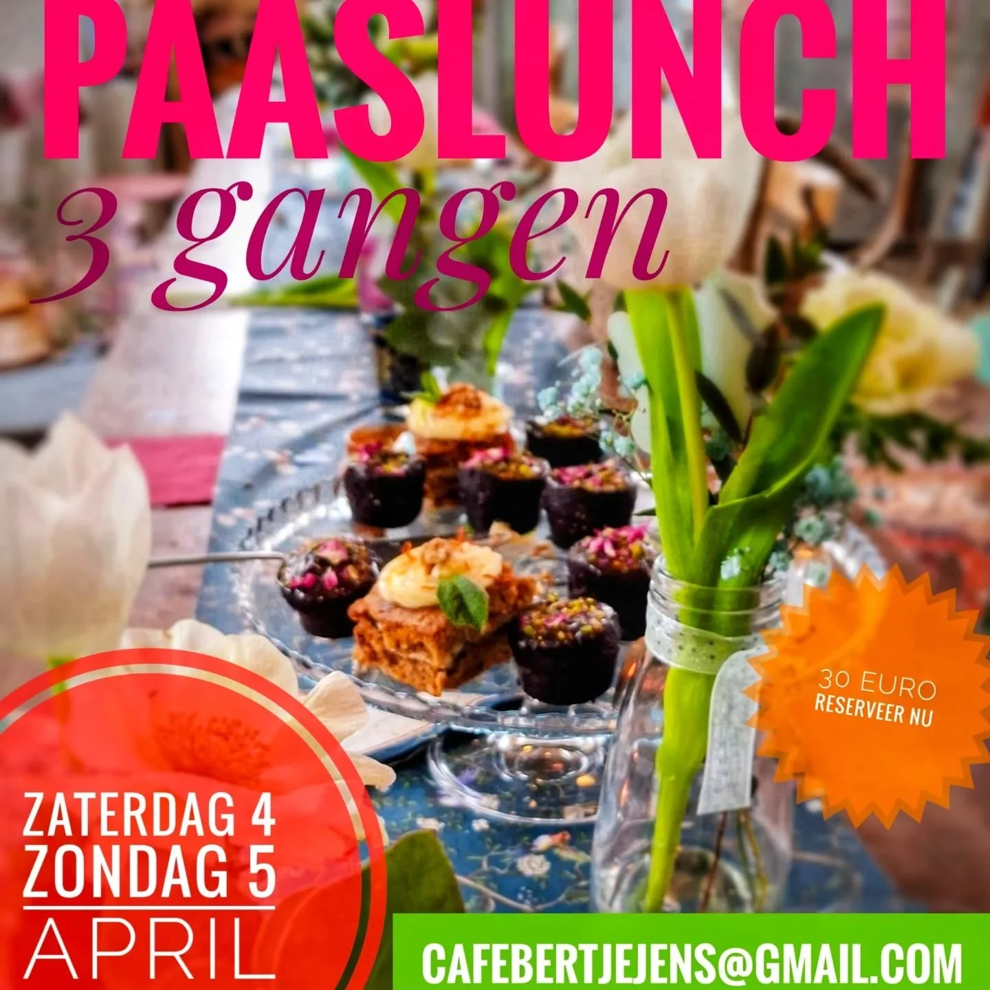 Het tuincaf&eacute; is weer open en we vieren dat met een Paaslunch op zaterdag 4 en zondag 5 april.

We zijn vanaf april weer op zaterdag- en zondagmiddag open van 12 tot 17 uur.

Komend weekend hebben we naast de reguliere kaart ook een speciale 3 