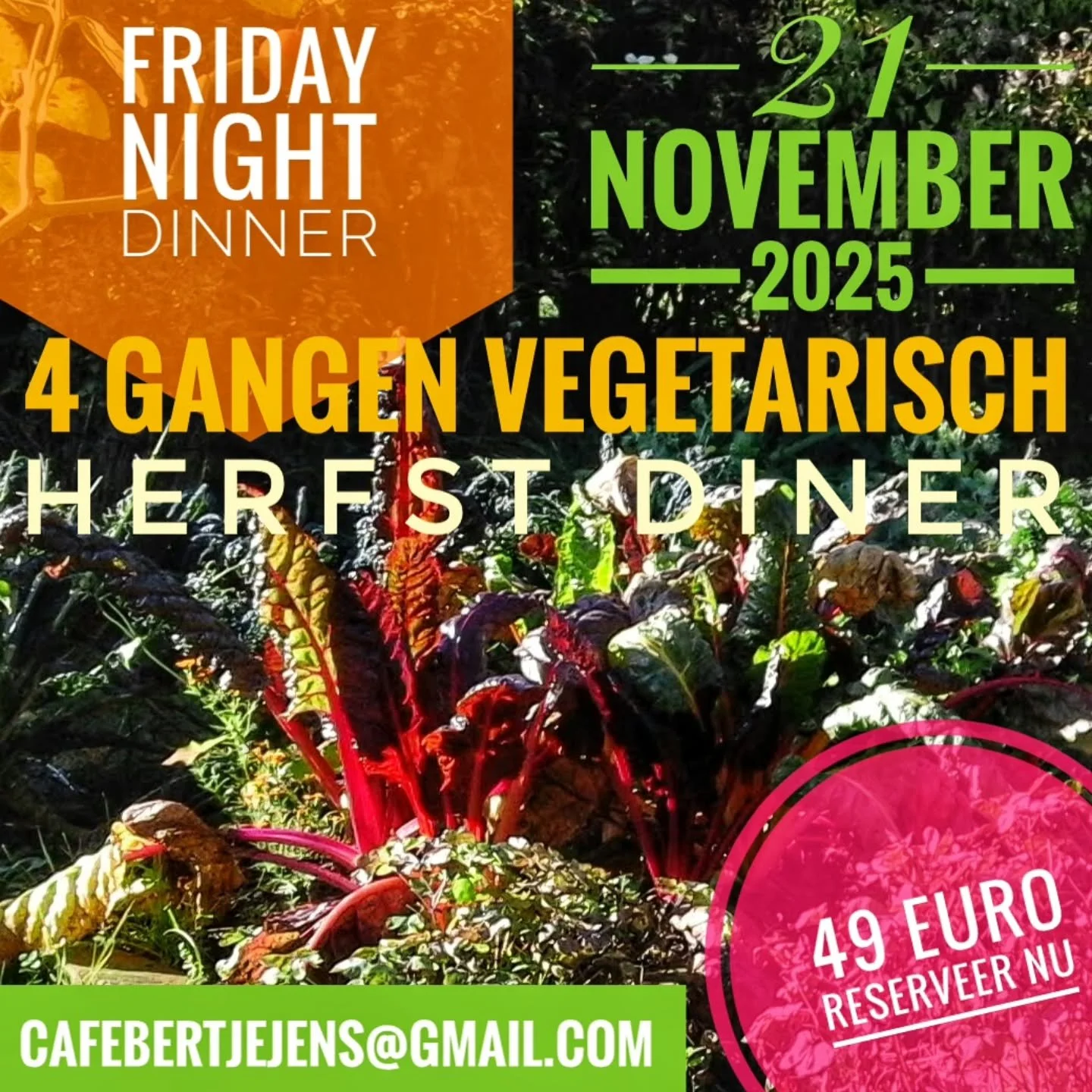 Wees er snel bij, morgenavond nog een laatste tafeltje! 
Gelieve een e-mail te sturen om te reserveren. 
Vier heerlijke gangen in ons restaurant in Pieterburen. Inloop vanaf 18 uur aanvang 18.30 uur.