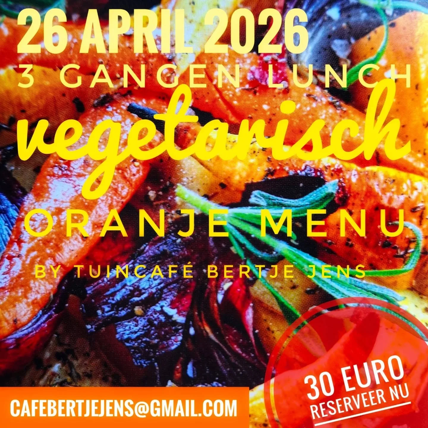 Op 26 april, de dag voor Koningsdag, houden we een speciale oranje lunch. 
3 feestelijke, vegetarische gangen waarbij we los gaan met oranje ingredi&euml;nten! Denk aan een heerlijke romige wortelsoep met geroosterde dukkah van specerijen en zaden, p