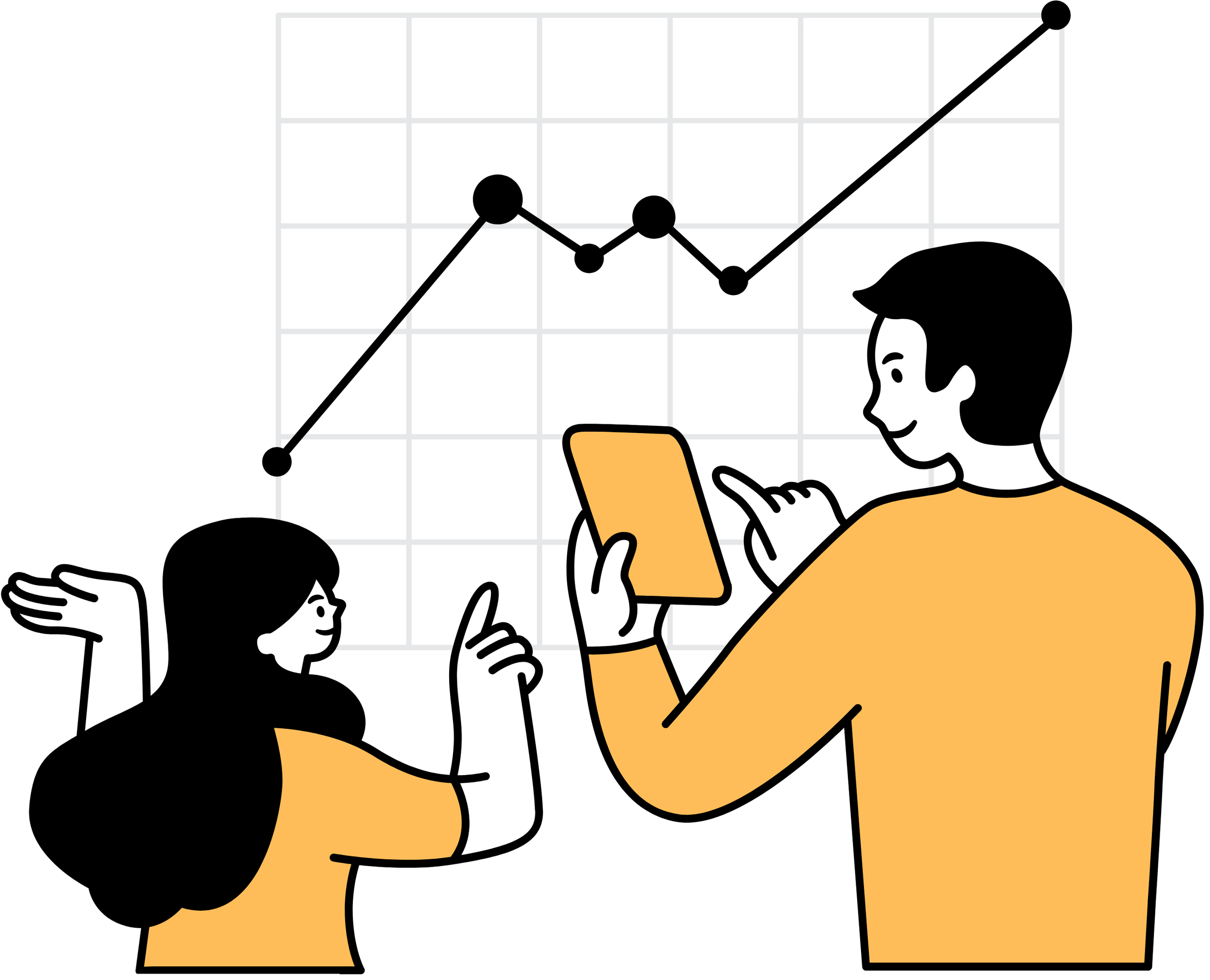 Illustration of two women, one with a handbag, talking to a man with a smartphone, with a line chart in the background.