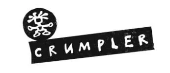 Logo with a black circle containing a white abstract figure, and the word 'CRUMPLER' in white uppercase letters on a black background.