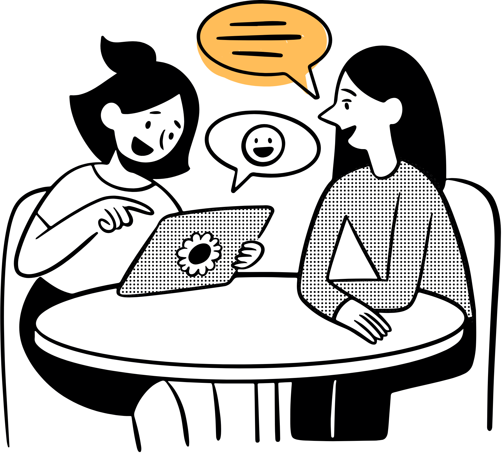 Two women having a conversation at a table, one holding a tablet with a flower icon, the other with a shopping bag, with speech bubbles above them.