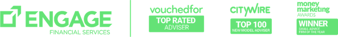 Green logo of Engage Financial Services with badges for Voucher For Top Rated, Citywire Top 100, and Money Marketing Awards Winner.
