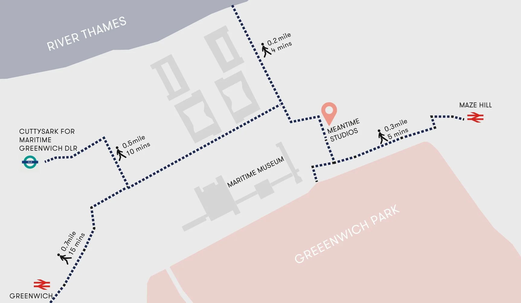 Map showing walking routes between Greenwich and nearby landmarks including Greenwich DLR station, Maritime Museum, Meantime Studios, and Maze Hill, with distances and walking times listed.