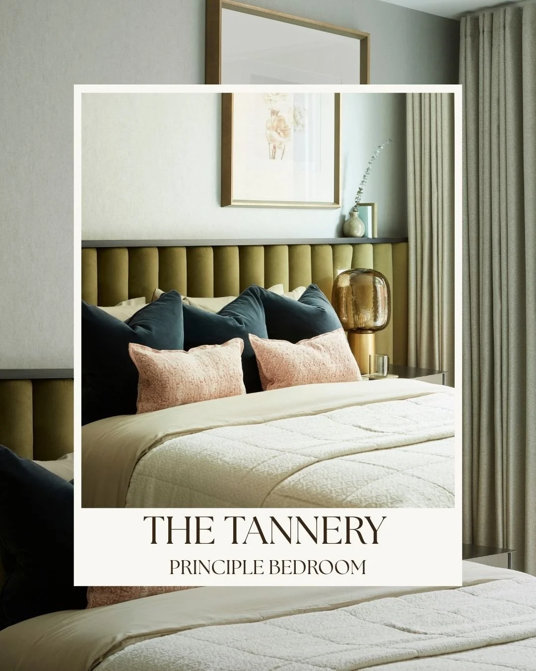 The Principal bedroom at our Bermondsey project was designed to feel calm and inviting using a palette of soft greens and dusky pink accents. The team designed a wall to wall upholstered headboard which incorporates a a small ledge creating the perfe