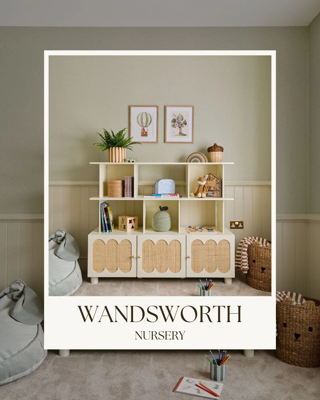 The team and I love designing nurseries! This is one is a great example of how you can add character to a new build home. We added half height tongue and groove panelling to the walls with a small polka dot wallpaper above. An off-the-shelf storage u