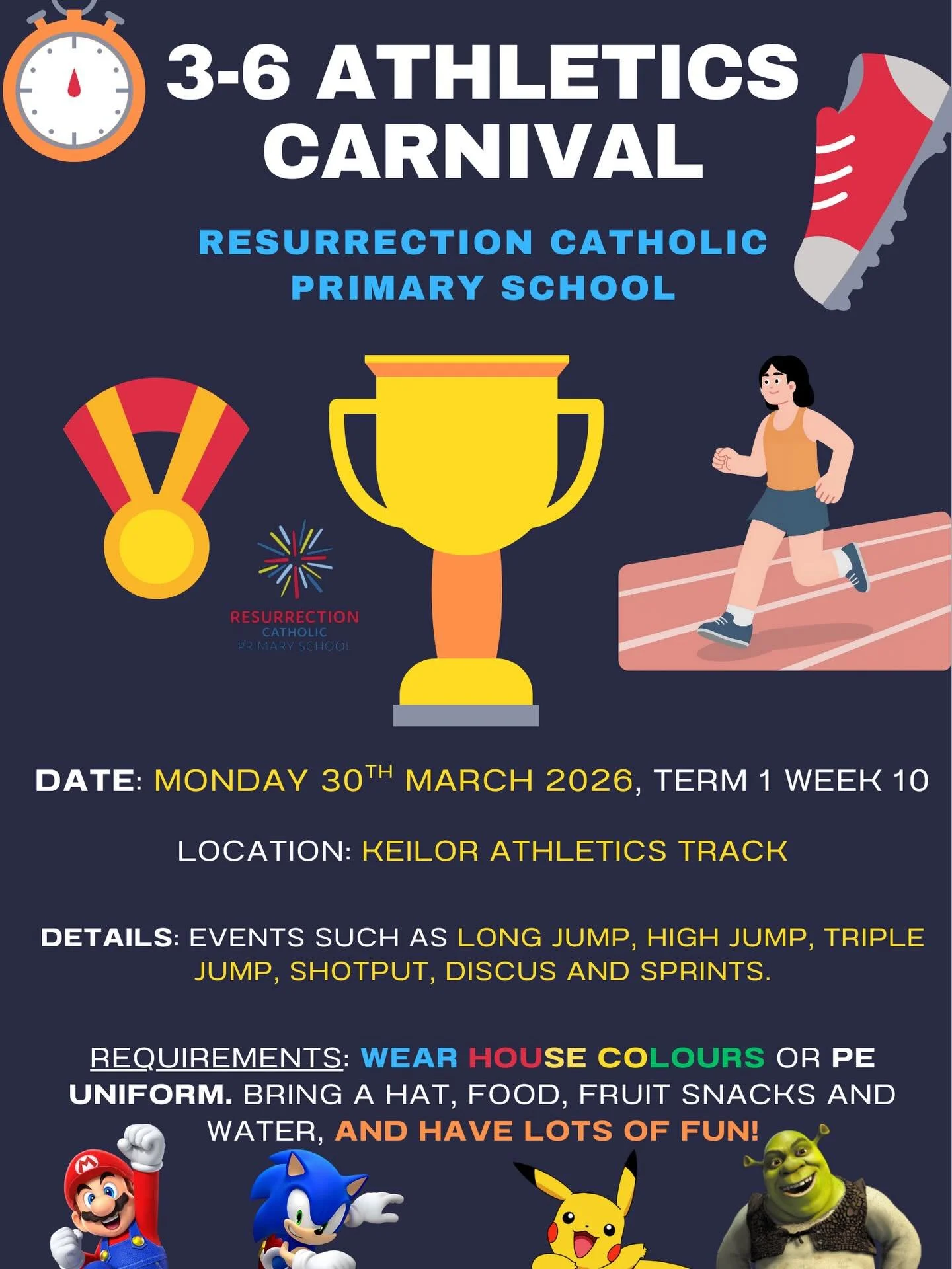 Our Athletics Carnival is next Monday!
Please view the details for our Yr 3-6 students