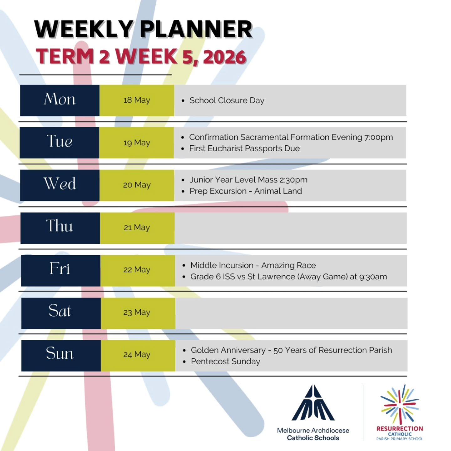 Week 5 is here - the halfway mark of Term 2!

From learning adventures and sporting events to faith celebrations, there&rsquo;s lots happening this week at school.

Let&rsquo;s make it a great one! 🤗

#rskingspark #resurrectionkp #melbournecatholics
