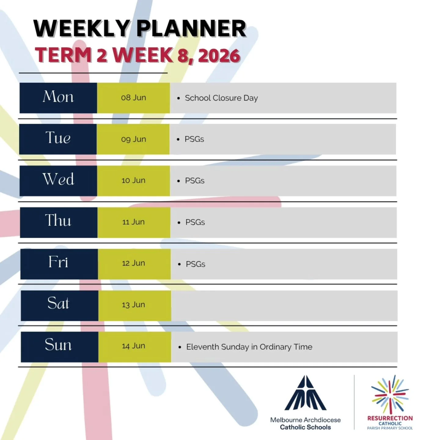 A shorter week as we head into week 8! 

We hope everyone is enjoying the long weekend and taking time to rest, recharge and spend time with family and friends. See you on Tuesday!

#rskingspark #resurrectionkp #melbournecatholicschools #melbournearc