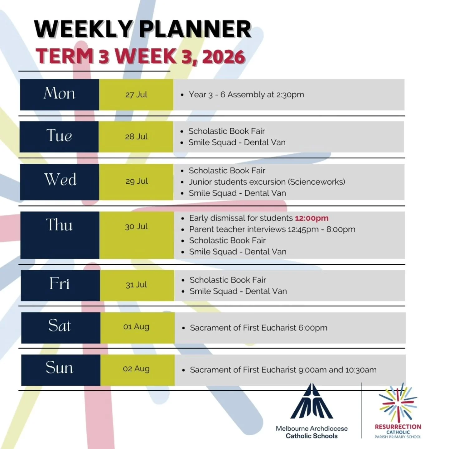 Week 3 is packed with exciting events! 

From discovering new favourites at our Scholastic Book Fair, Smile Squad dental van to connecting during Parent Teacher Interviews and celebrating our First Eucharist over the weekend, there's so much happenin