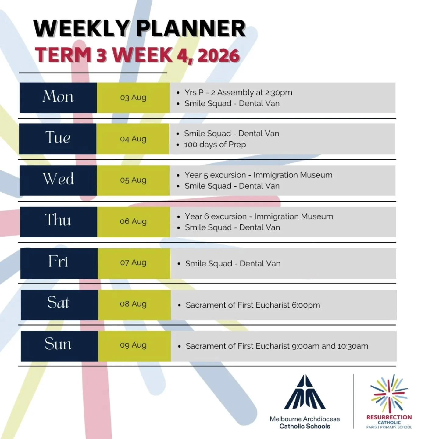 Week 4: Another busy week ahead! ✨

The Smile Squad dental van return for its second and final week, our Prep students will celebrate reaching 100 Days of Prep, and our Seniors will embark on an enriching excursion to the Immigration Museum. We will 