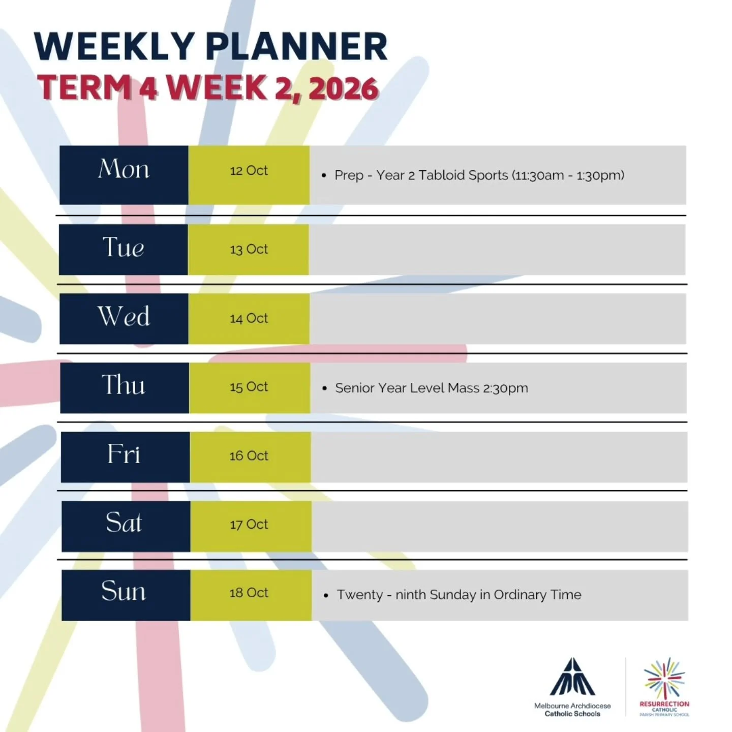 Week 2, here we come! Check out what's happening around our school this week!

Reminder: Our Prep&ndash;Year 2 students are to wear their sports uniform on Monday for Tabloid Sports, with a splash of their house colour!

 #rskingspark #resurrectionkp