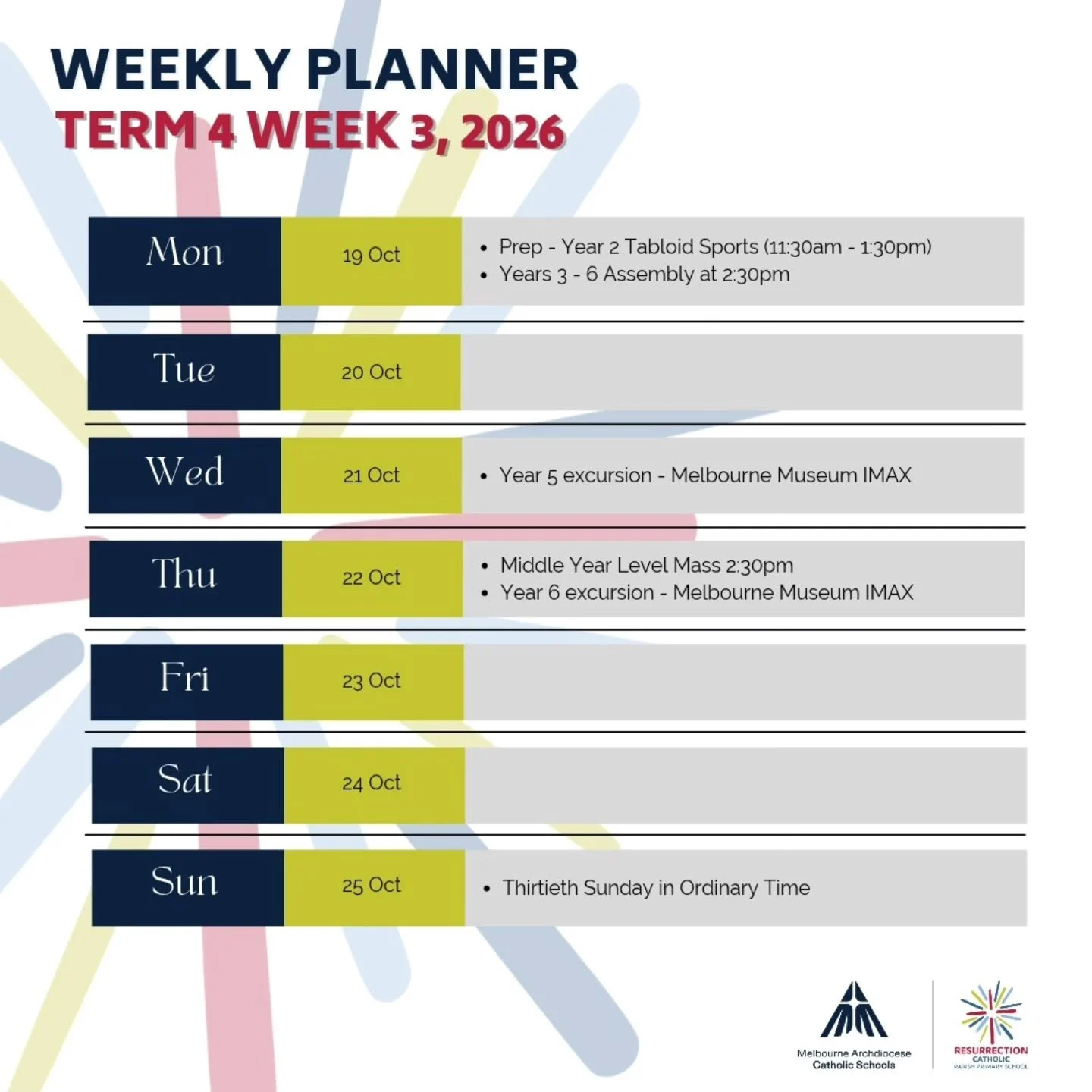 Hello Week 3! ☀️😎

The sunshine is making an appearance and we've got another fun-filled week ahead! 

With the warmer weather on its way, a friendly reminder that all students MUST wear their school hats when outdoors! 🧢

Check out our weekly plan