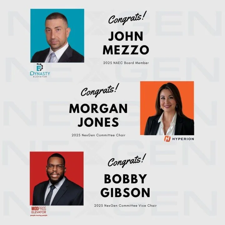 Future. Focused. 🙌
We’re proud to celebrate Morgan Jones, stepping into her new role as Chair of NexGen, leading the charge for the next generation of elevator professionals.
Congrats to John Mezzo and Bobby J. Gibson on their new roles as w