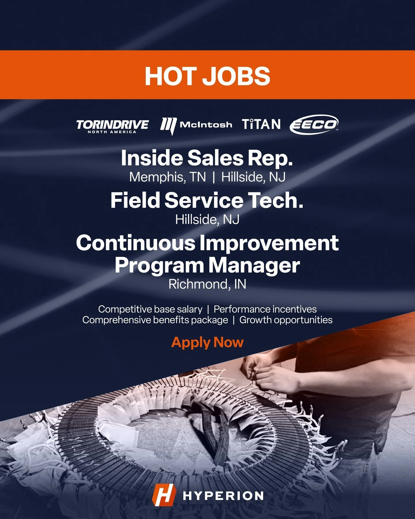 This week’s Hot Jobs are open across the Hyperion family 🔥
EECO | Torin | McIntosh | Titan
📍 Inside Sales Rep – Memphis, TN | Hillside, NJ
📍 Field Service Tech – Hillside, NJ
📍 Continuous Improvement Program Manager – Ric