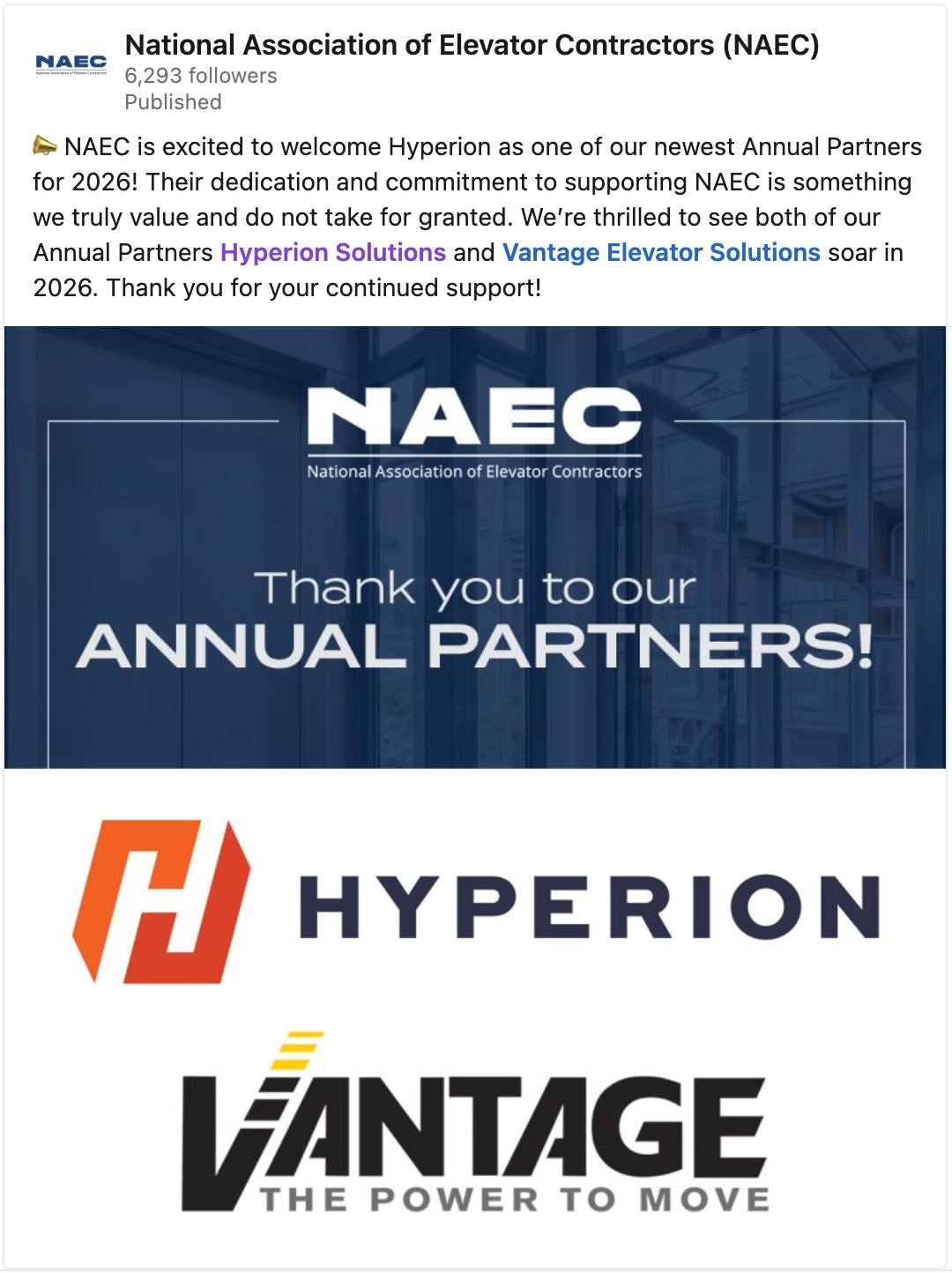 @hyperionelevator is proud to be an @naec_est_1950 (NAEC) Annual Partner. Supporting contractors, safety, and education remains a priority for our team.