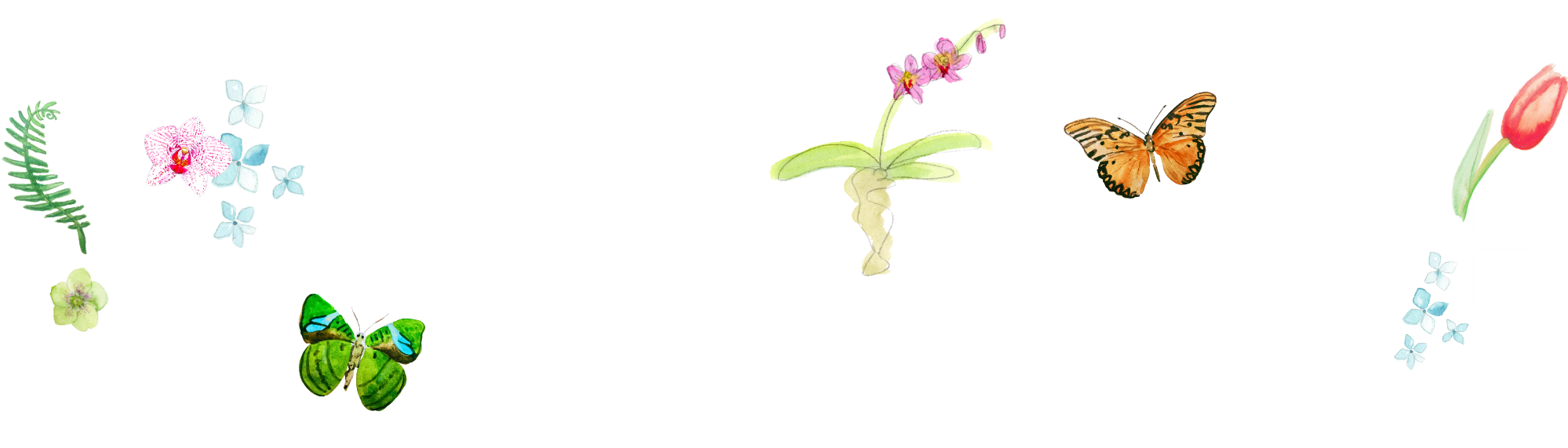 Victoria Dolloff logo in white with hand-painted accents like flowers and butterflies.