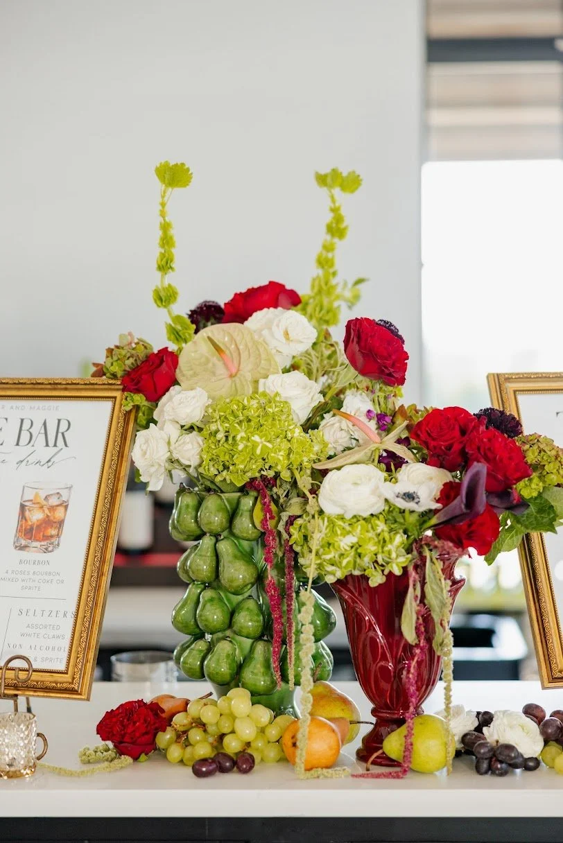 A completely unique take on the classic garden palette. 🍐 🍇 We loved playing with rich textures, fresh fruit elements, and distinct styling to bring Maggie &amp; Gunnar&rsquo;s vision to life.

Venu@therangeok 
Church: Bennett Memorial Chapel
Plann