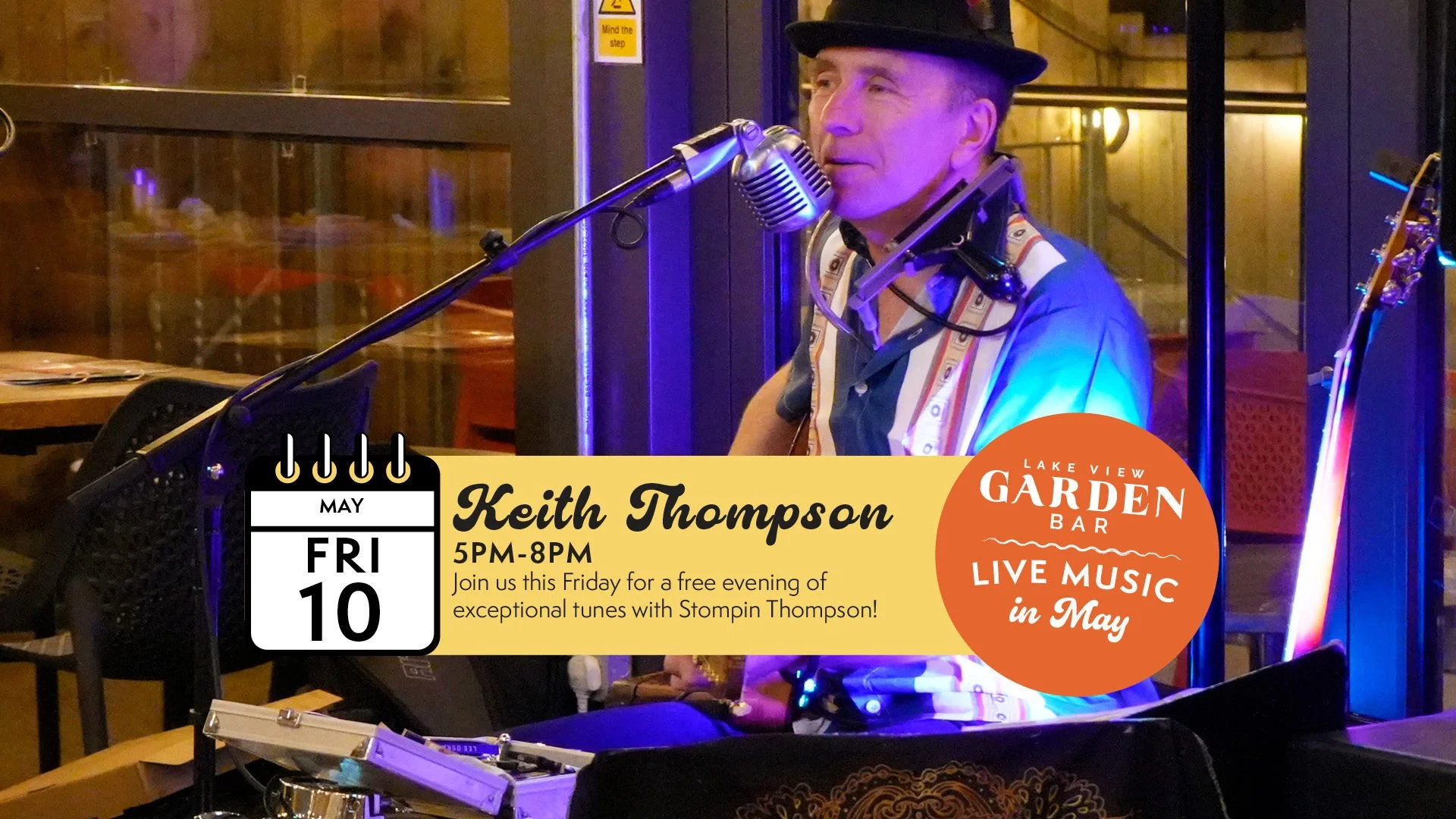 Keith Thompson performing live at the Lake View Garden Bar on 10th May.
