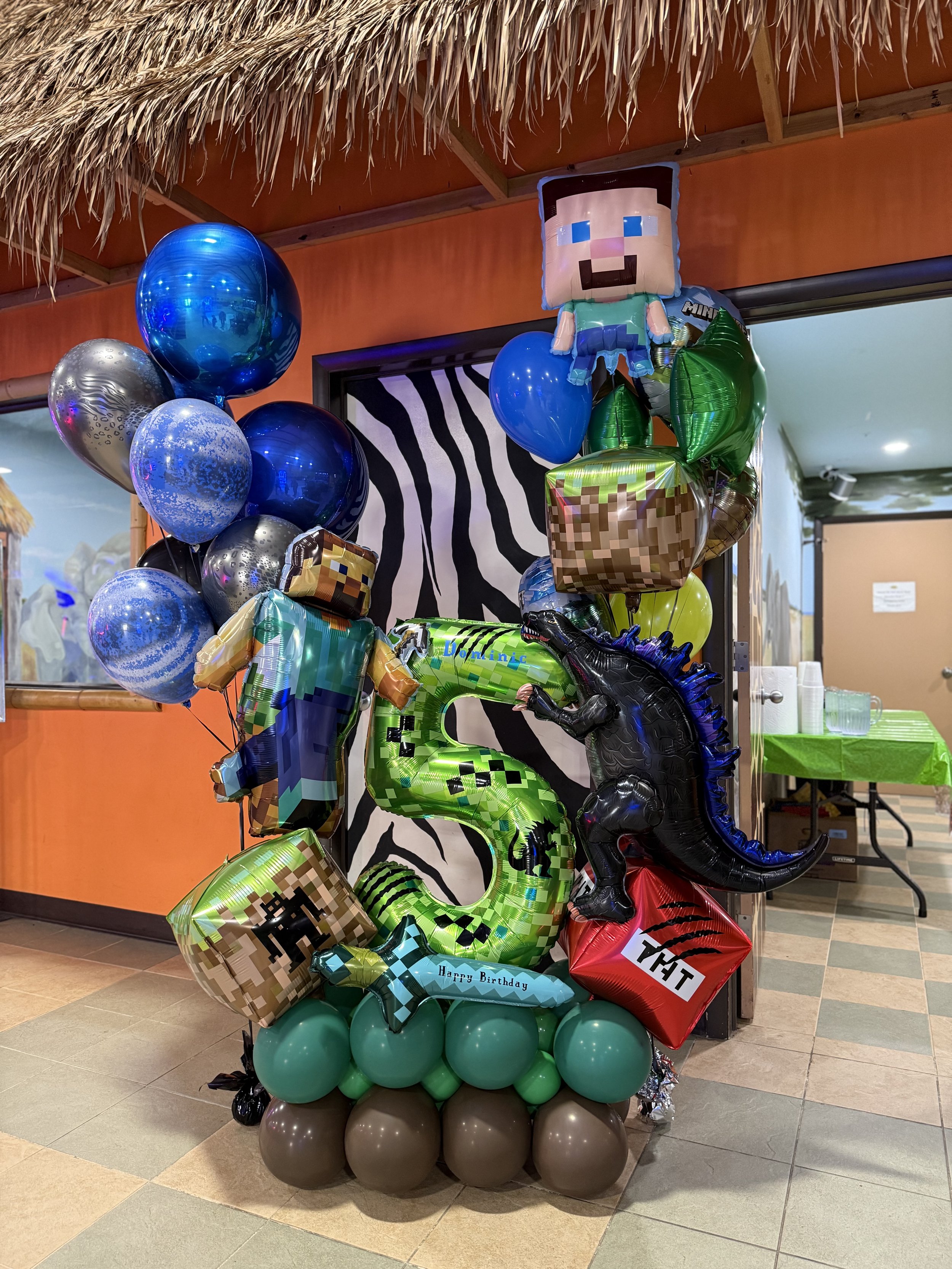 minecraft birthday, creeper birthday, godzilla birthday, balloons, balloons near me, balloon stack, order balloons, pickup balloons