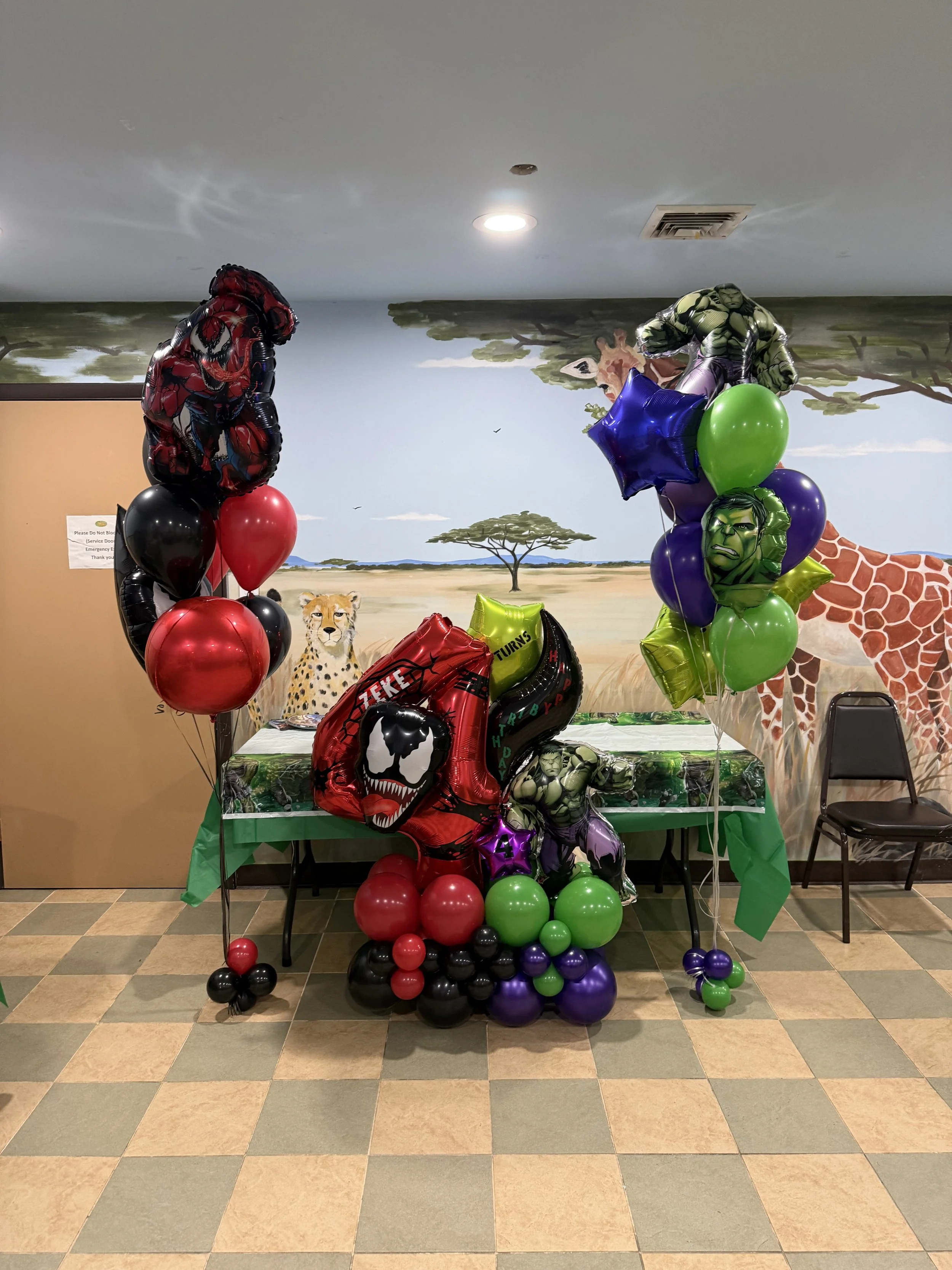 birthday balloons, balloons, balloons near me, venom balloons, venom theme, marvel theme, hulk balloons, boys birthday, balloon stack, superhero birthday
