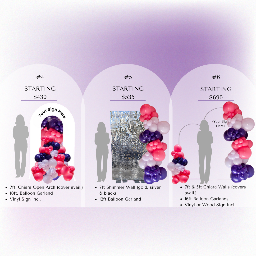 Display of three different balloon decoration options for sale, each with a starting price, a silhouette of a person beside them for scale, and a space for a custom sign. The options feature balloon garlands, balloon garlands with a backdrop, and balloon walls with various sizes and colors of balloons.