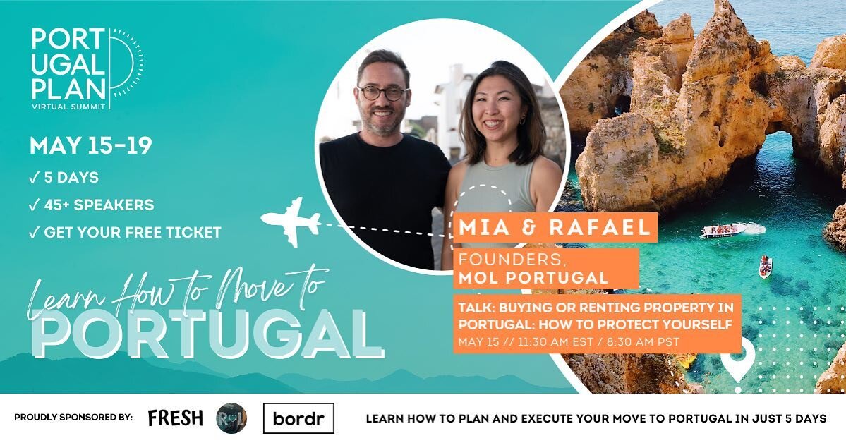 We're excited to announce that we will be speaking at THE PORTUGAL PLAN VIRTUAL SUMMIT on May 15 at 11:30am EST. We will be sharing our expertise about buying property in Portugal and how to protect yourself 🇵🇹

Registration is officially OPEN!
Thi