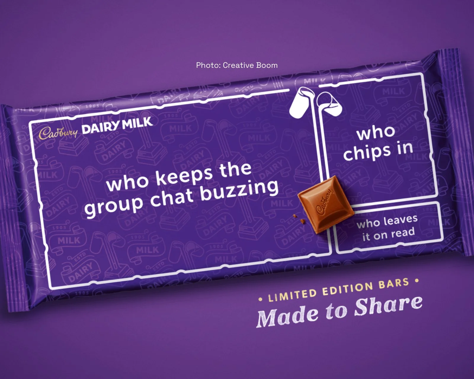 Purple limited edition Cadbury Dairy Milk chocolate bar with fun quiz text and small chocolate piece on the wrapper.
