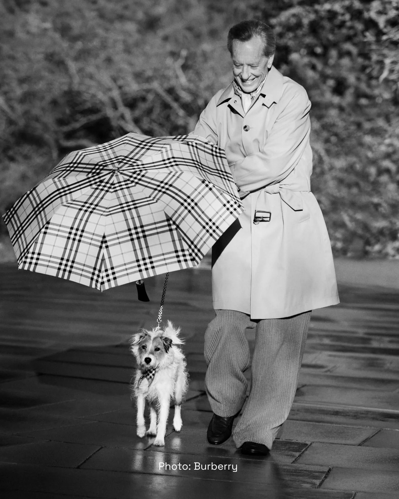 A man in a trench coat walking a dog with a checkered umbrella outdoors on a sidewalk.