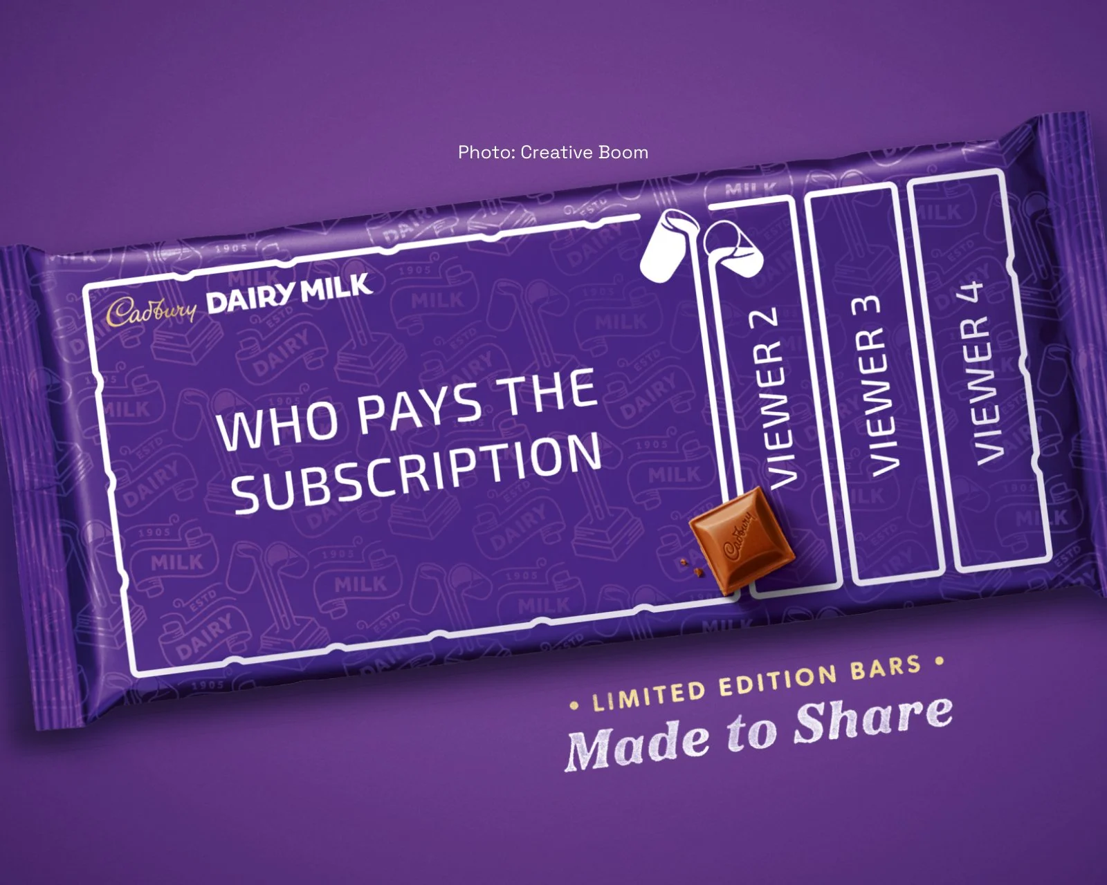 Purple Cadbury Dairy Milk chocolate bar with white text and view counter reels numbered 1 to 4, a small piece of chocolate with cadbury logo, and the phrase "Who pays the subscription" on the front.