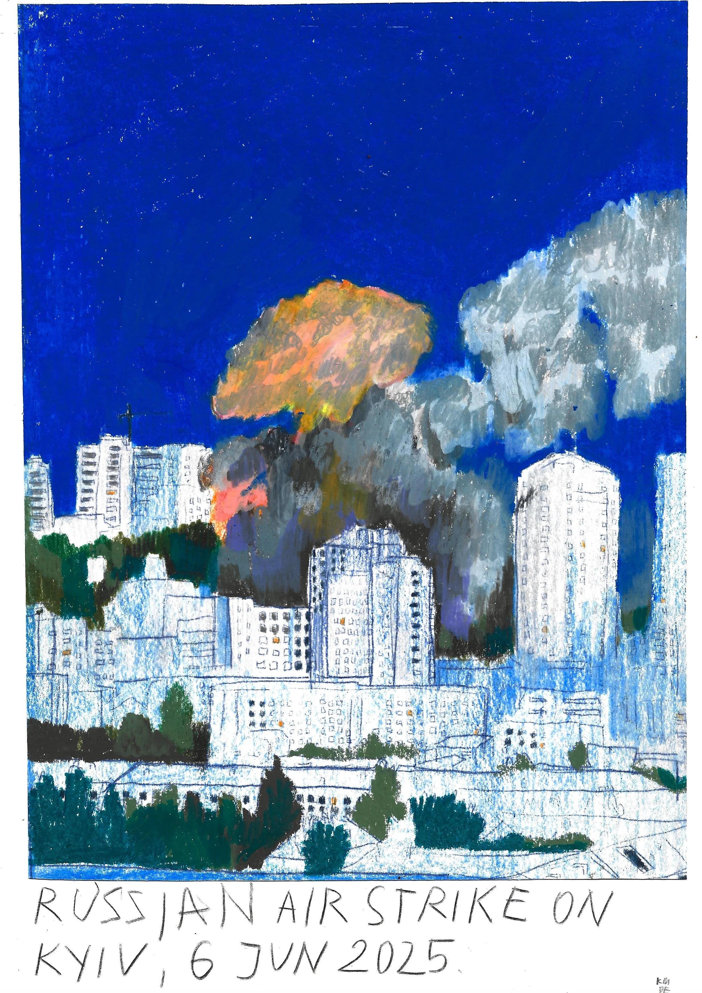 Russian Airstrike on Kyiv, 6 Jun 2025, Karolina Dema, Colour Pencil on Paper, 21 x 29.7cm, 2025
©Demo Dema