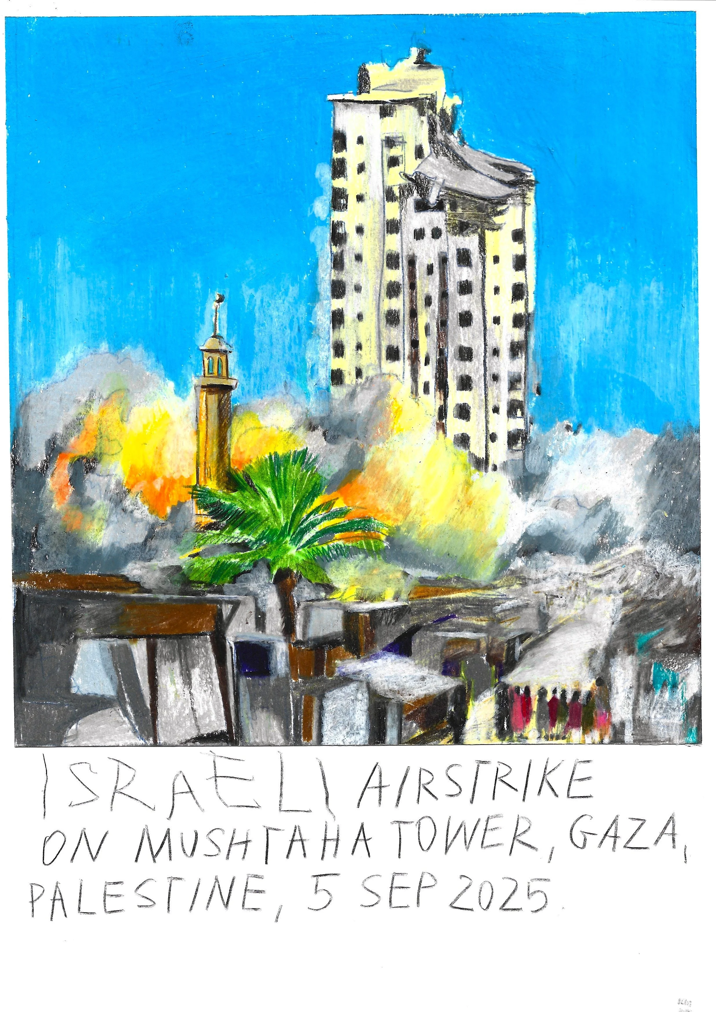Israeli Airstrike on Gaza, 5 Sep 2025, Karolina Dema, Colour Pencil on Paper, 21 x 29.7cm, 2025
©Demo Dema