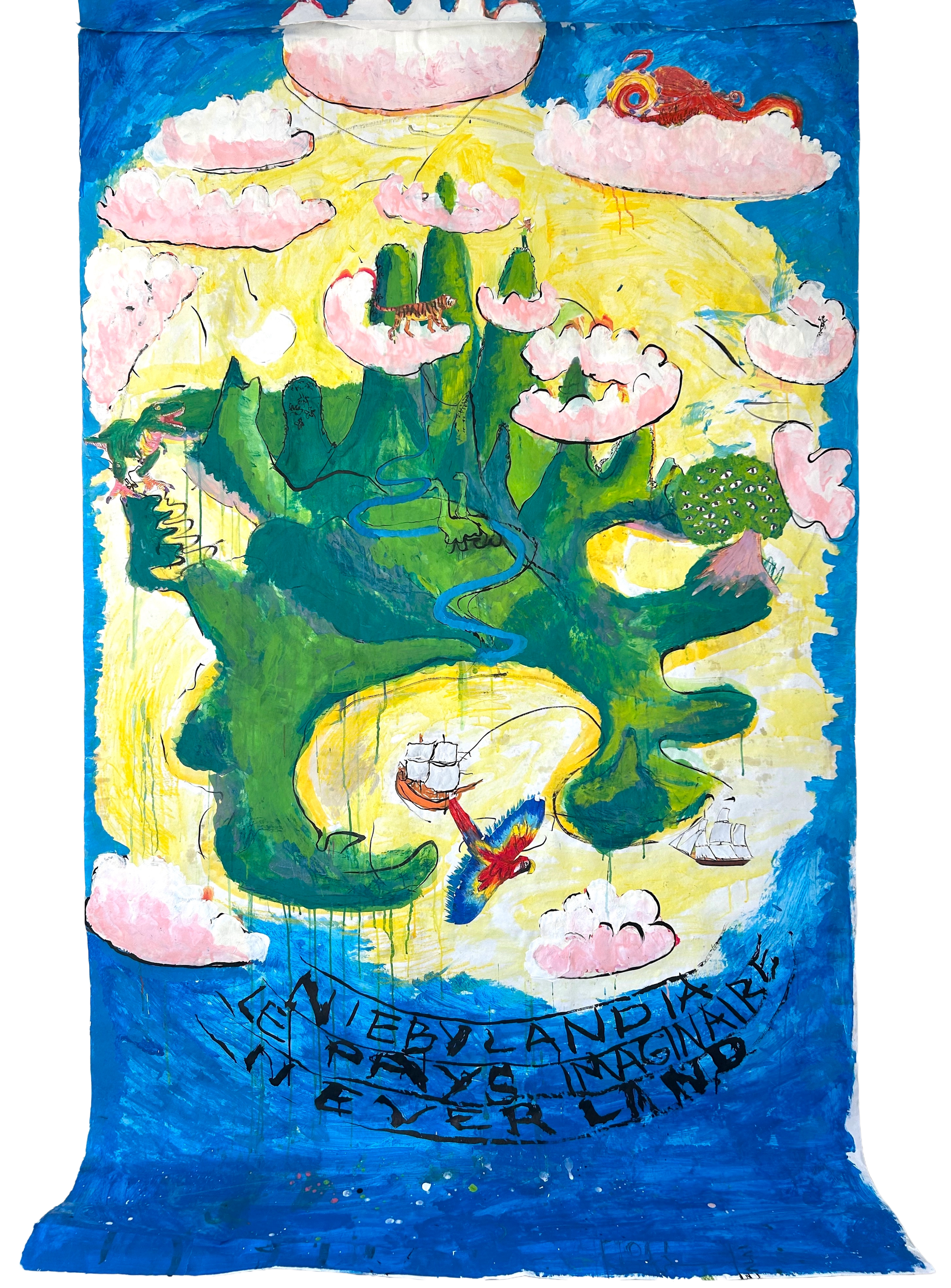 Neverland, Virgile Demo, 149cm x 249cm, Ink, Acrylic, Wax Pastel and Collage on Paper, 2025