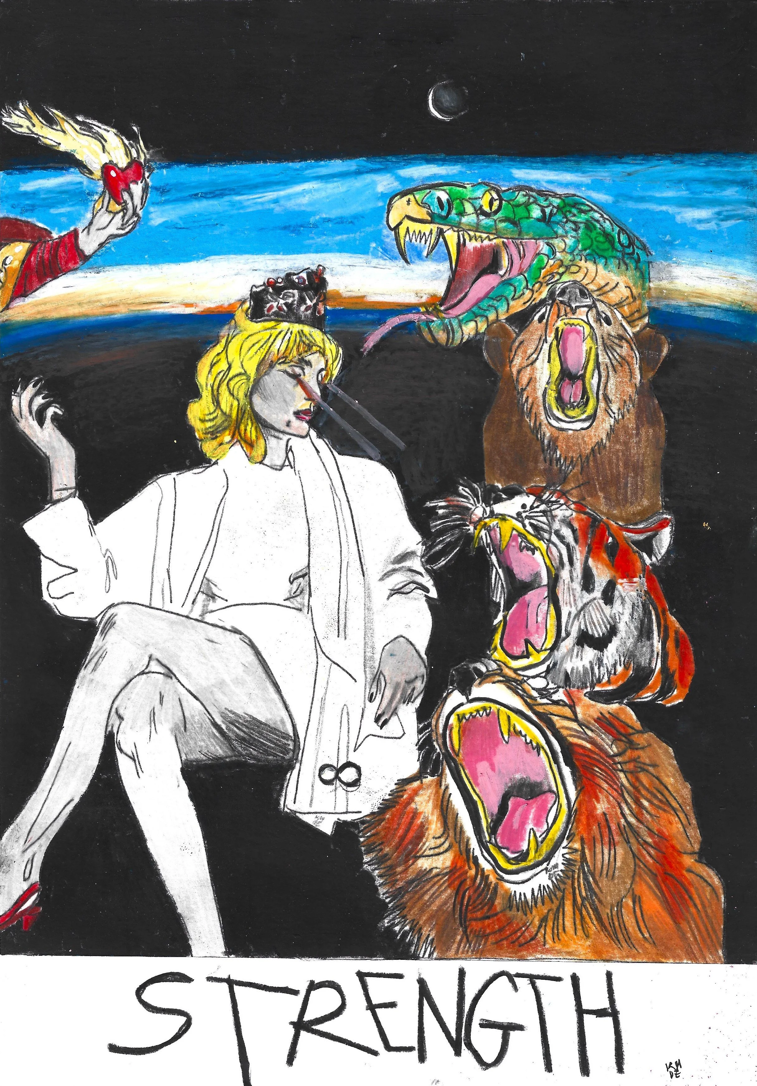 Strength, Karolina Dema, Colour Pencil, Wax Pastel and Marker on Paper, 21 x 29.7cm,  2024  ©Demo Dema