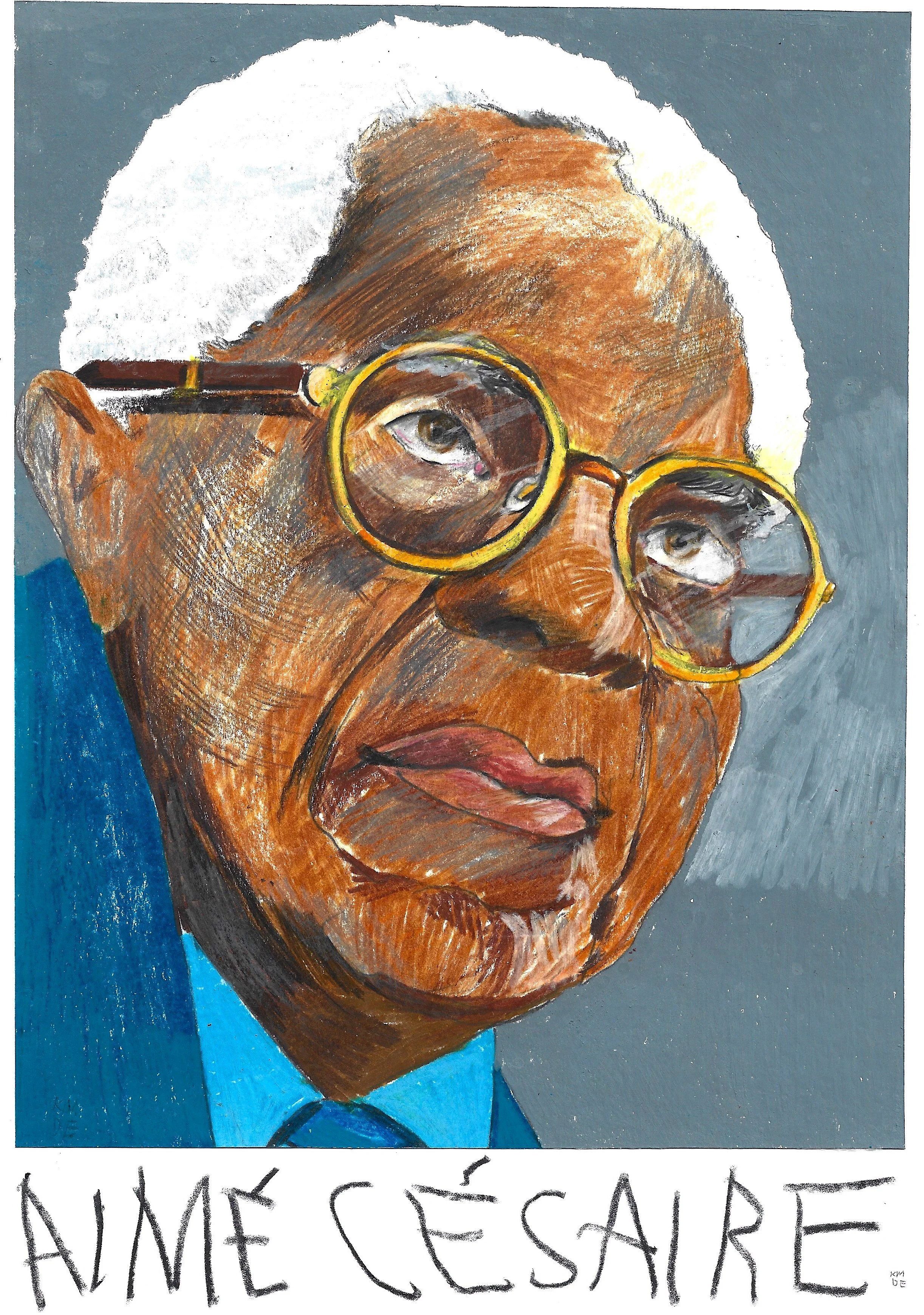 A colored drawing of Afro-Martiniquan French poet Aimé Césaire, wearing a blue suit and tie, with the words 'AIME CÉSARE' written at the bottom.