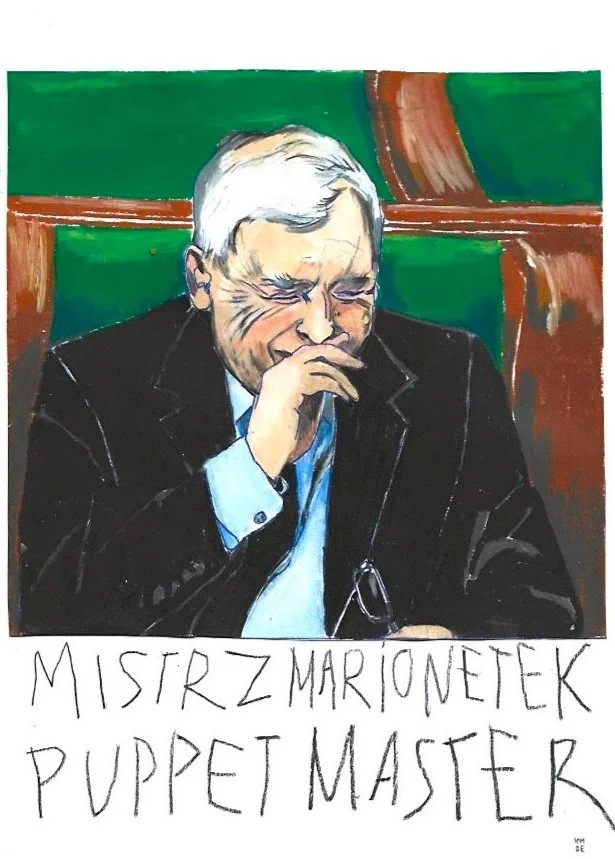 MISTRZ MARIONETEK, PUPPET MASTER, Karolina Dema, Colour Pencil and Wax Pastel on Paper, 21 x 29.7 cm, 2025 ©Demo Dema