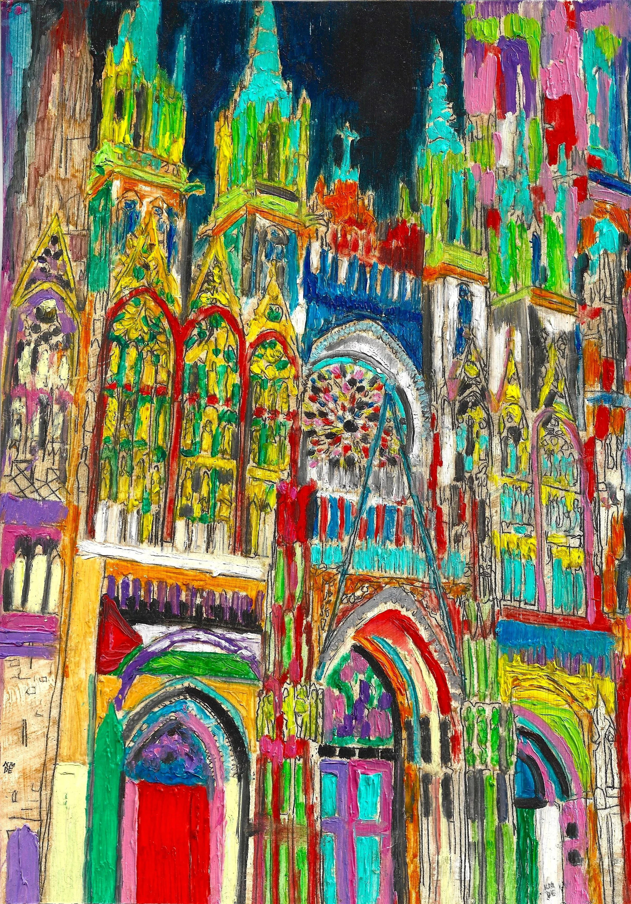 After Monet: Rouen Cathedral at Night, Karolina Dema: Central Panel 20.5cm x 29cm, Oil Paint on Cardboard, 2025