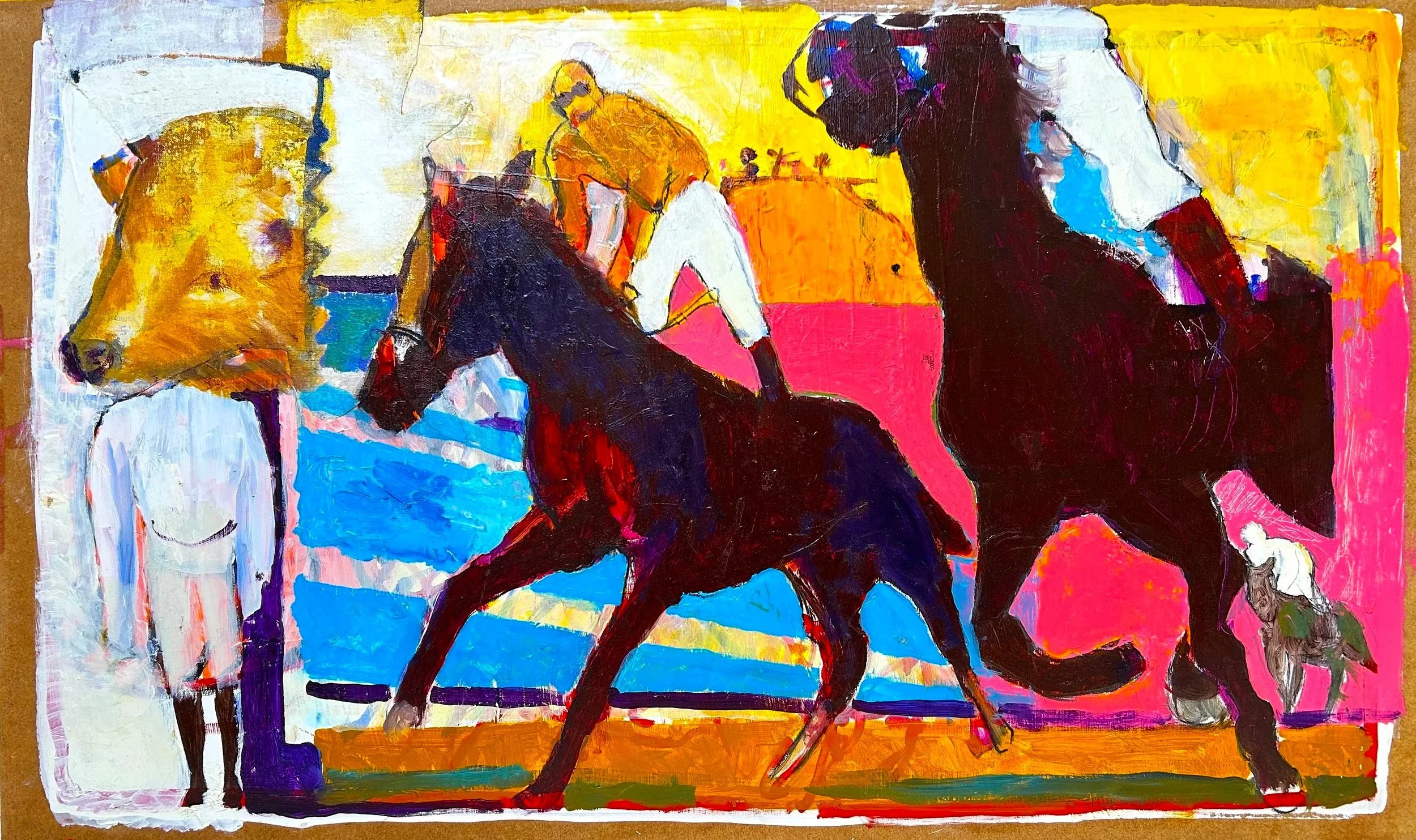 The Riders, Virgile Demo, 58.2cm x 97cm x0.6cm, Acrylic, Oil, Charcoal, Canvas Collage on Wood Panel, 2024